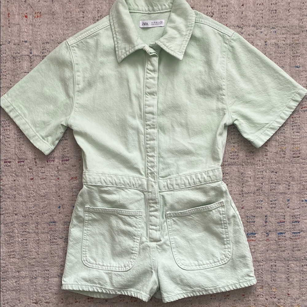 Zara Pastel mint Green Shorts Denim Jean Romper utility suit Jumpsuit sz 11/12